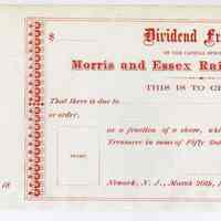 Certificate: Dividend Fraction of Capital Stock of Morris & Essex Railroad Co. Newark, N.J. March 20, 1867. Blank & unused.