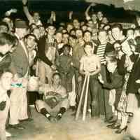 Color copy photo of a sepia-tone photo of a group celebration for a Hoboken baseball team, Hoboken?, no date, ca. 1945-50.