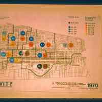 Graphic map by Paul Veeder showing "nativity" analysis of neighborhoods based on 1970 US census data and using the City of Hoboken map by mayo lynch and associates revised in 1972 for hoboken model cities