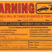 Warning sticker used for parking violations on Shipyard Lane, Hoboken, 2009.