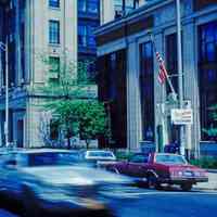 Slides: 41 color transparencies of vehicles; cars, trucks, fire truck; gas stations, Hoboken, ca. 1982-84.