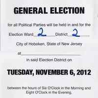 Signs, 6, used at Hoboken, N.J., polling place for County of Hudson General Election, Nov. 6, 2012.