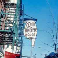          24 Clam Broth House; 34-38 Newark St.; hanging signs; vertical hand sign
   