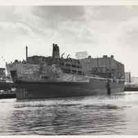 B+W photo of tanker Esso Brussels at Bethlehem Steel Shipyard Pier 6, Hoboken, June 1973.