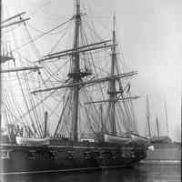 B+W photo negative of the naval sailing vessel Portsmouth docked at or near 4th St. & Hudson River, Hoboken, n.d., ca. 1895-1900.