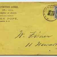 Envelope: Protection Lodge, No. 634, Knights of Honor. Hoboken, N.J. Postmarked Hoboken, no date, circa 1876-1881.