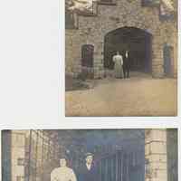 Postcards, 2: [Woman & man standing at Stevens Gatehouse at Sixth St. , Hoboken.] N.d., ca. 1907-1918.