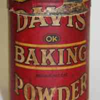 Can: Davis OK Baking Powder. (6 oz.?) Made by R. B. Davis Co., Hoboken, N.J. Can with printed label. 1/4 lb.?. N.d., ca.1900-1910.