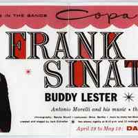 Promotional sign: Frank Sinatra; Buddy Lester; Red Norvo. Sands, Copa Room (Las Vegas, NV), undated, circa 1958-1963.