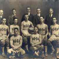 Sepia tone photo of the 1915-1916 Hoboken [High School] basketball team posed in photographer