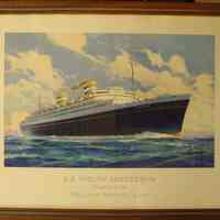 Framed color print of S.S. Nieuw Amsterdam, flagship of Holland-America Line, n.d., ca. 1938-1957.