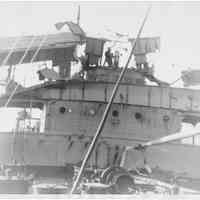 B+W photo of the damaged superstructure of an unknown ship, Hoboken, no date, ca. 1940.