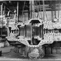 B+W photo of low pressure turbine casing, bottom half, of the S.S. Bonheur, machine shop, Hoboken, Feb., 1938