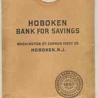 Passbook envelope, Hoboken Bank for Savings, Washington St., Corner First St., Hoboken, N.J. N.d., ca. 1950s-1960s.