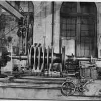 B+W photo of high pressure turbine rotor of the SS Bonheur on a lathe, machine shop, Hoboken, Jan., 1938.