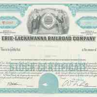 Stock certificate: Erie-Lackawanna Railroad Co.,blue-green, for less than 100 shares preferred stock, dated June 16, 1966.