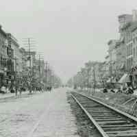 B+W photo of Public Service Railway streetcar rails on Washington Street looking north from Second St., Hoboken, Friday, August 22, 1913.