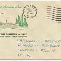 Postal cachet: Holland-America Line. S.S. Statendam. Maiden Voyage Feb. 6, 1957. Hoboken postmark Feb.16, 1957.