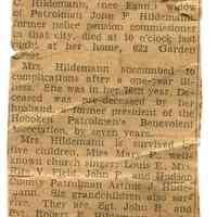 Newsclipping: Mrs. Hildemann Dies; Was Widow Of Patrolman. (Hoboken, 1946)