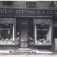 B+W image of postcard: John Tammen Delicatessen & Lunch, 104 Washington St., Hoboken, no date, circa 1910.