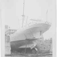 B+W photo of a port stern view of the S.S. Pastores in dry dock, Hoboken, no date, circa 1940.