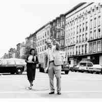 B+W photo of mayoral candidate Tom Vezzetti campaigning at Twelfth & Washington Sts., Hoboken, no date, ca. June 1985.