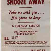 Tag: Railroad passenger pillow tag, Erie Lackawanna Railroad Co., Dining Car Dept. N.d., ca. 1963-1968.