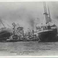 B+W copy photo of postcard, Hoboken Fire Katastrophe, June 30th, 1900, with S.S. Bremen, S.S. Main.