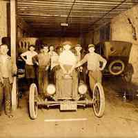 Digital copy of a sepia-tone photo of a garage workshop interior of Kostelecky Brothers, Hoboken, no date, ca. 1925.