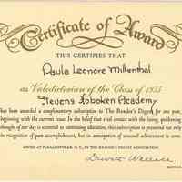 Digital image of certificate of award to Paula Millenthal, valedictorian, Class of 1955, Stevens Hoboken Academy, Hoboken by Reader