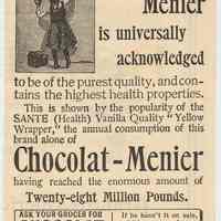 Ad: Chocolat-Menier is universally acknowledged... American ad, 1895.