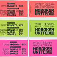 Political campaign literature "Hoboken United" reminder cards issued on behalf of David Roberts and slate in his campaign for Hoboken Mayor, 2001.