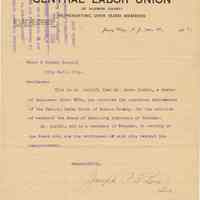 Letter to Mayor & City Council, Hoboken re Central Labor Union endorsement of James Durkin for appointment to Bd. of Examining Engineers, Hoboken. Dec. 27, 1927.