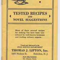 Lipton Tea brochure: Serving Tea. Tested Recipes and Novel Suggestions. Thomas J. Lipton, Hoboken, 1937 issue.