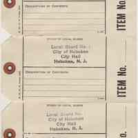 Three shipping tags prepared for use by Local Board No. 1, City Hall, Hoboken, N.J., no date, circa 1918.