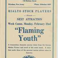 Program for Rialto Stock Players presentation of "What Price Glory?" Week of Feb. 15, [1926]. The Rialto Theatre, 118 Hudson St., Hoboken.