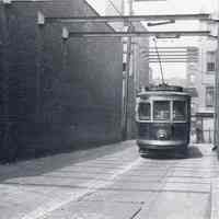 B+W photo of Public Service streetcar 3585 with "Grove" destination sign, Hoboken(?), July 8, 1938