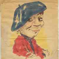 Drawn portrait of a woman with a blue beret and red coat by Taylor Jones, [Hoboken], 1983.