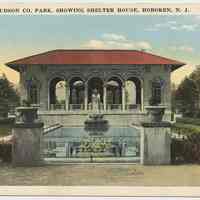 Postcard: Scene in Hudson Co[unty]. Park, Showing Shelter House, Hoboken, N.J. No date, circa 1915-1930; unposted.