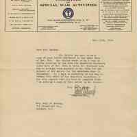 TLS from Edward Arnold, National Catholic War Council to Mrs. Mary H. Markey, Hoboken, Dec. 11, 1919, re Admiral Benson Club, and salary of Gruler.