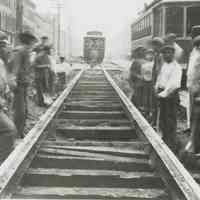 B+W photo of Public Service Railway streetcar rails and street work on Washington St. looking north from 6th St., Hoboken, Saturday, Oct. 25, 1913.