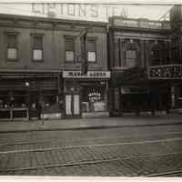 Sepia tone photo of a crime scene, Manor Lunch, 64 14th St., Hoboken, March 17, 1928.