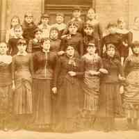 Digital image of photo of a group of woman and girls posed outdoors, no place (Hoboken?), no date, circa 1880-1890.