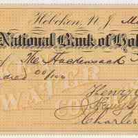 Bank check: Hoboken Water Commissioners, First National Bank of Hoboken to Hackensack Water Co. Reorg., March 28, 1896.