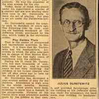 Digital image of newsclipping of article about Julius Durstewitz completing 25 years as playgrounds director, probably Hoboken, n.d., ca. 1938-1940.