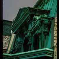 Color slide of close-up view of mansard roof, gable dormer, pediment, brackets and cornice at 905 Hudson between 9th and 10th