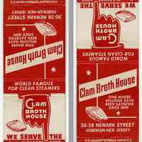 Matchbook imprinted Clam Broth House, 30-38 Newark St., Hoboken, n.d, ca. 1960-1970.