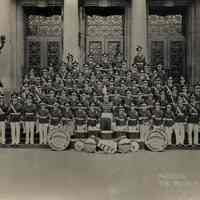 Digital image of b+w photo of Hudson County Boys Club Drum & Bugle Corp posed outside the main entrance of Demarest High School, Hoboken, 1938.