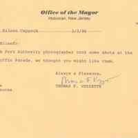 Transmittal note from Mayor Tom Vezzetti to Eileen Cappock about 10 Ragamuffin Parade photos, March 11, 1986.
