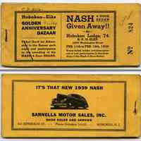 Raffle ticket book: C.D. Association. Hoboken Elks Lodge No. 74. (Silver) Golden Anniversary Bazaar. Feb. 11-18, 1939. Drawing for 1939 Nash car.